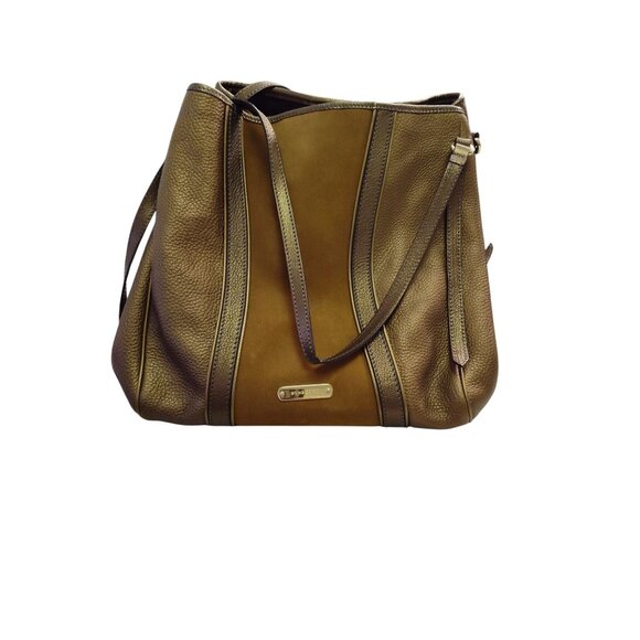 #0310 Burberry Antique Gold Medium Block Canterbury Tote Handbag Suede Leather - Picture 1 of 2